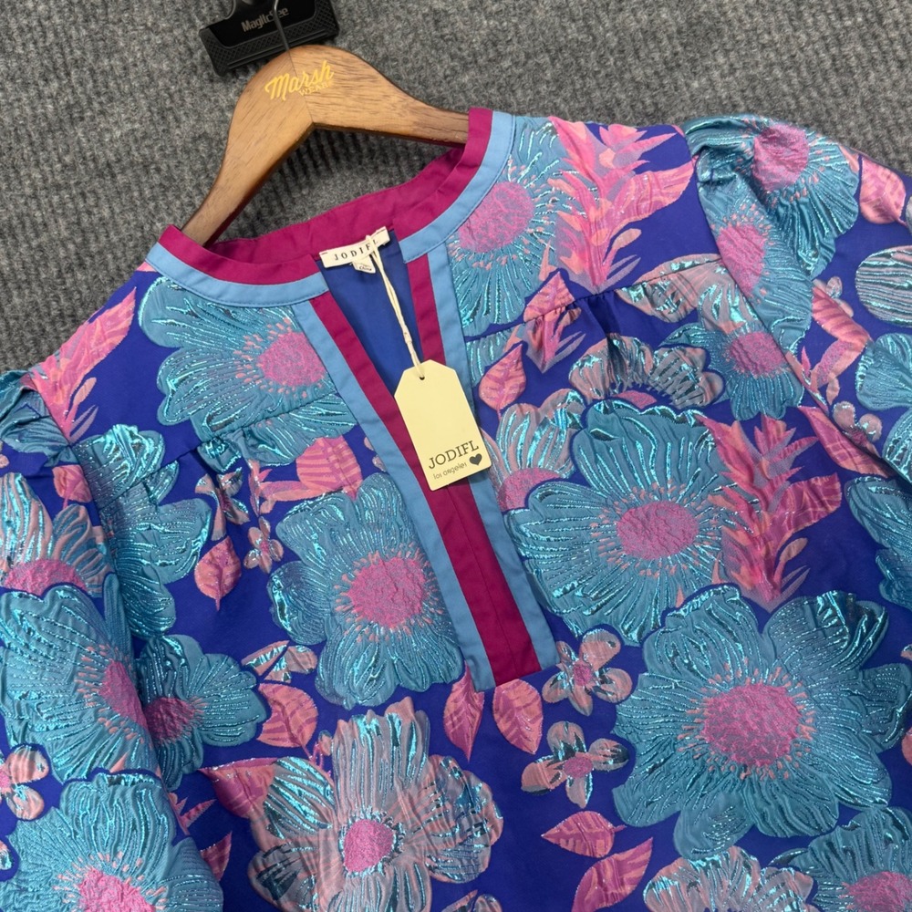 Jodifl Blouse Women Large Blue NEW Floral Jacquard Metallic Split Neck Top